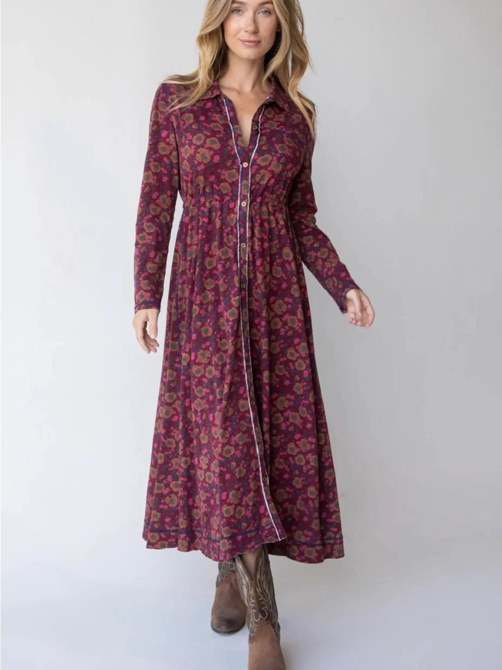 Natural Life 100% Cotton Bitton Down Floral Bohemian Style Dress